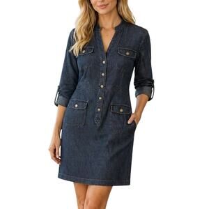 ECI Roll Tab Long-Sleeve 1/2 button Denim Dress Womens 6 Office Spring